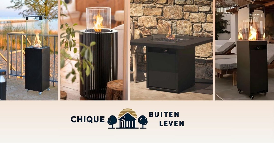 Verschillende soorten terrasverwarmers op gas voor tuin, terras en veranda – van vuurtafels tot compacte heaters.