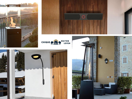 Moderne terrasverwarmer op een stijlvol terras – ideaal voor buitengebruik in elk seizoen