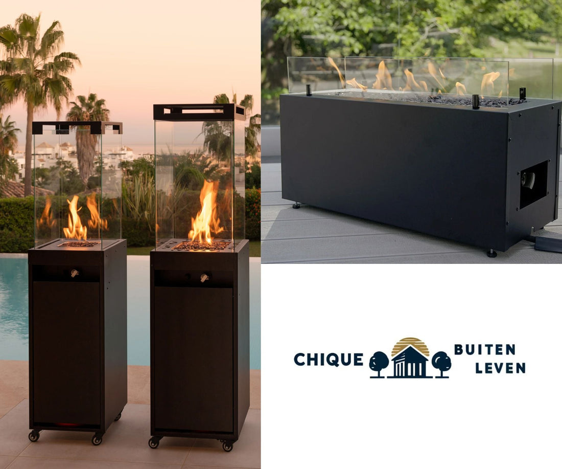 Moderne gashaard buiten op een stijlvol terras, brandend tijdens een koude winteravond. Kan een gashaard buiten elk seizoen worden gebruikt? Ontdek het in deze diepgaande discussie.