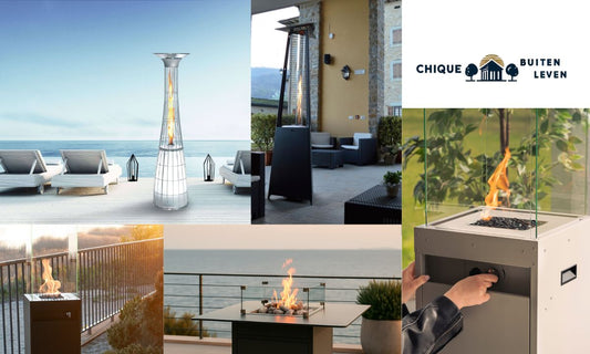 Collage van luxe gas terrasverwarmers voor buiten – ideaal voor bruiloften, BBQ’s, diners en andere gelegenheden | terrasverwarmer kopen bij Chique Buitenleven
