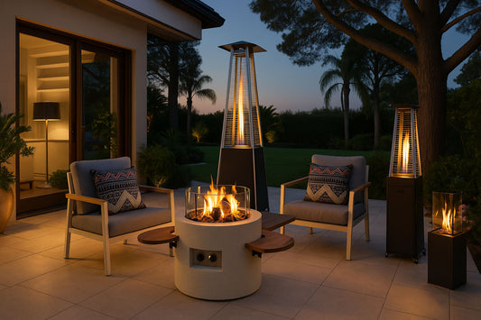 Overzicht van luxe terrasverwarmers opgesteld in een sfeervolle achtertuin tijdens een buitenexpositie — inclusief gashaarden, vuurtafels en design heaters van merken zoals FARO en DolceVita.