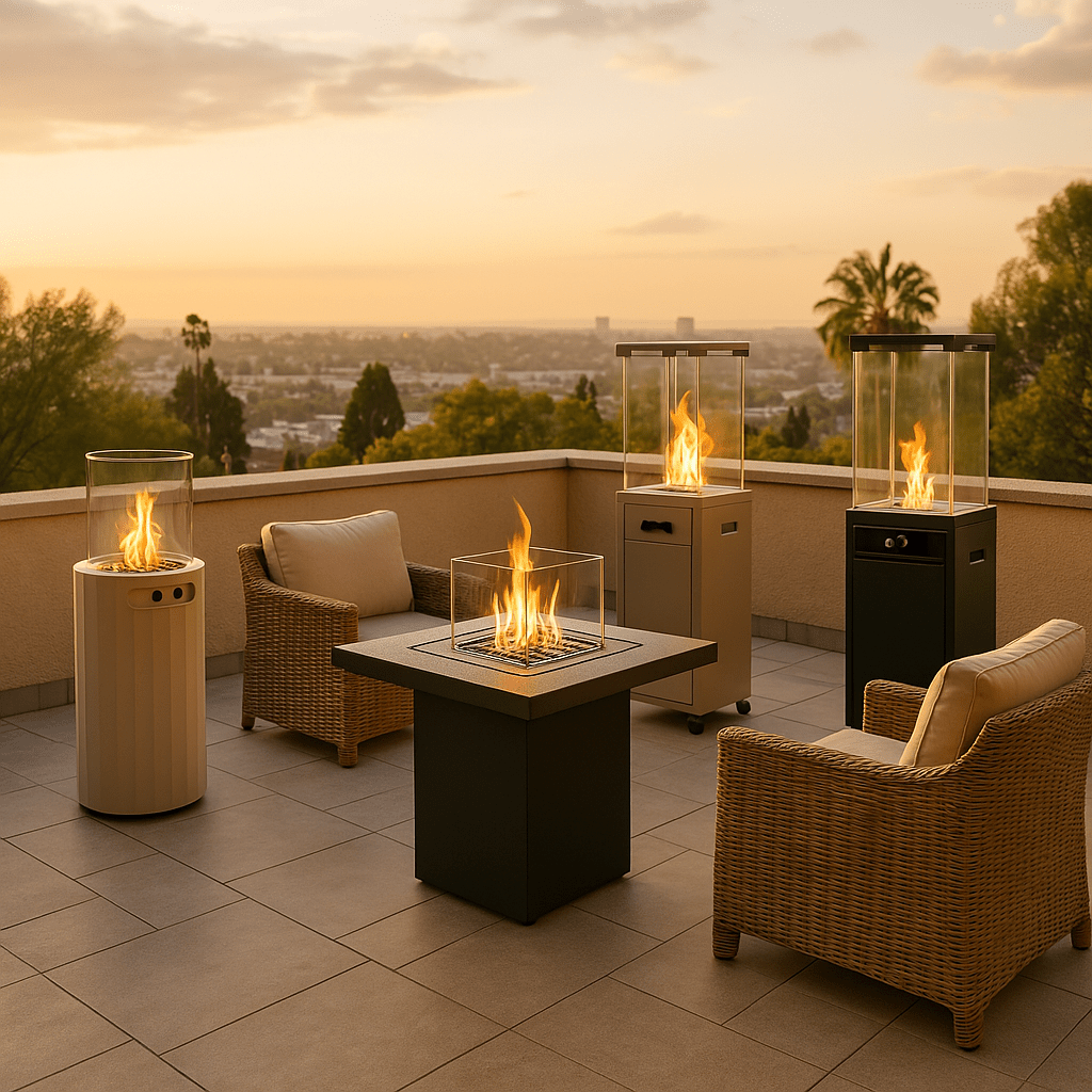 Meerdere moderne terrasverwarmers op gas en tuinhaarden opgesteld in een sfeervolle buitenruimte – dé oplossing voor comfortabel en stijlvol buitenleven in elk seizoen in 2025.