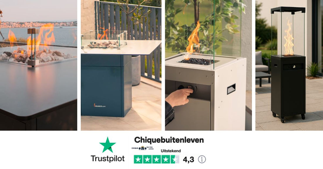 Vergelijking tussen vuurtafel op gas en tuinhaard – visuele weergave van beide warmtebronnen voor buitengebruik