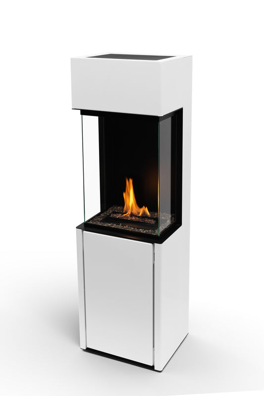 Arcticon Bioethanol Haard in wit, stijlvol geïntegreerd in een modern interieur met rookvrij vuur en panoramisch design.