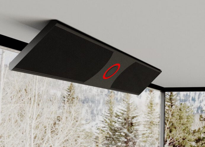 Close-up van Elektrische Infrarood Terrasverwarming Heater van Infralia met strak en minimalistisch design