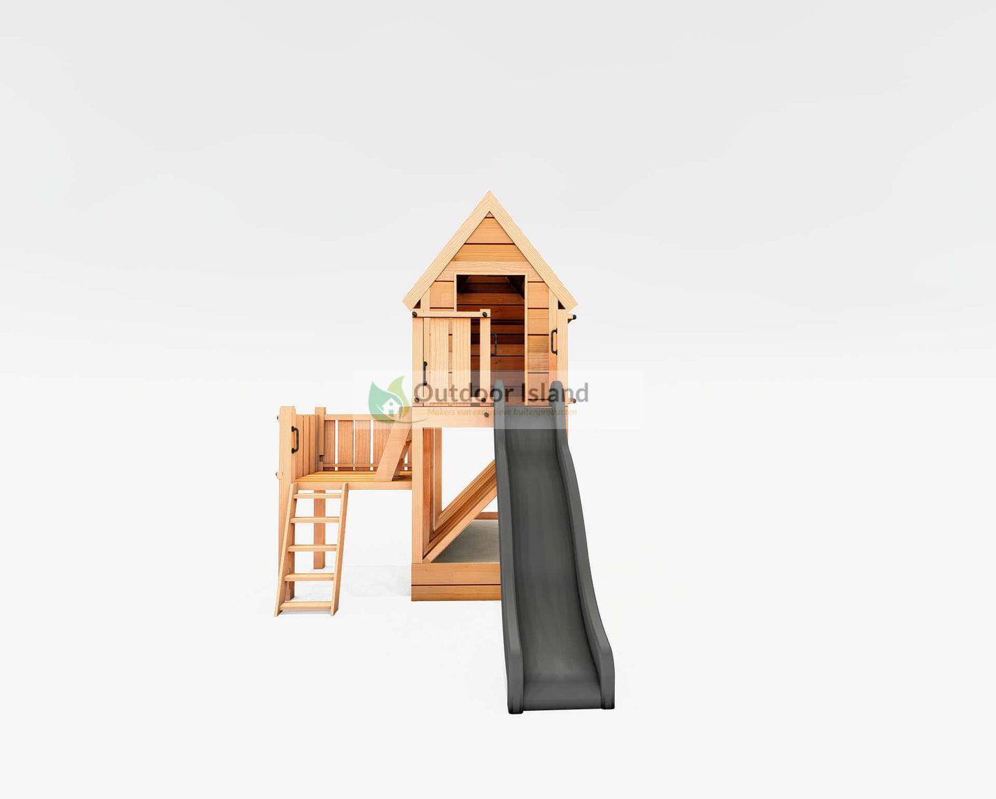 Douglashout speelhuisje met antraciet glijbaan - Robuust buitenspeelgoed voor tuin - Outdoor Island