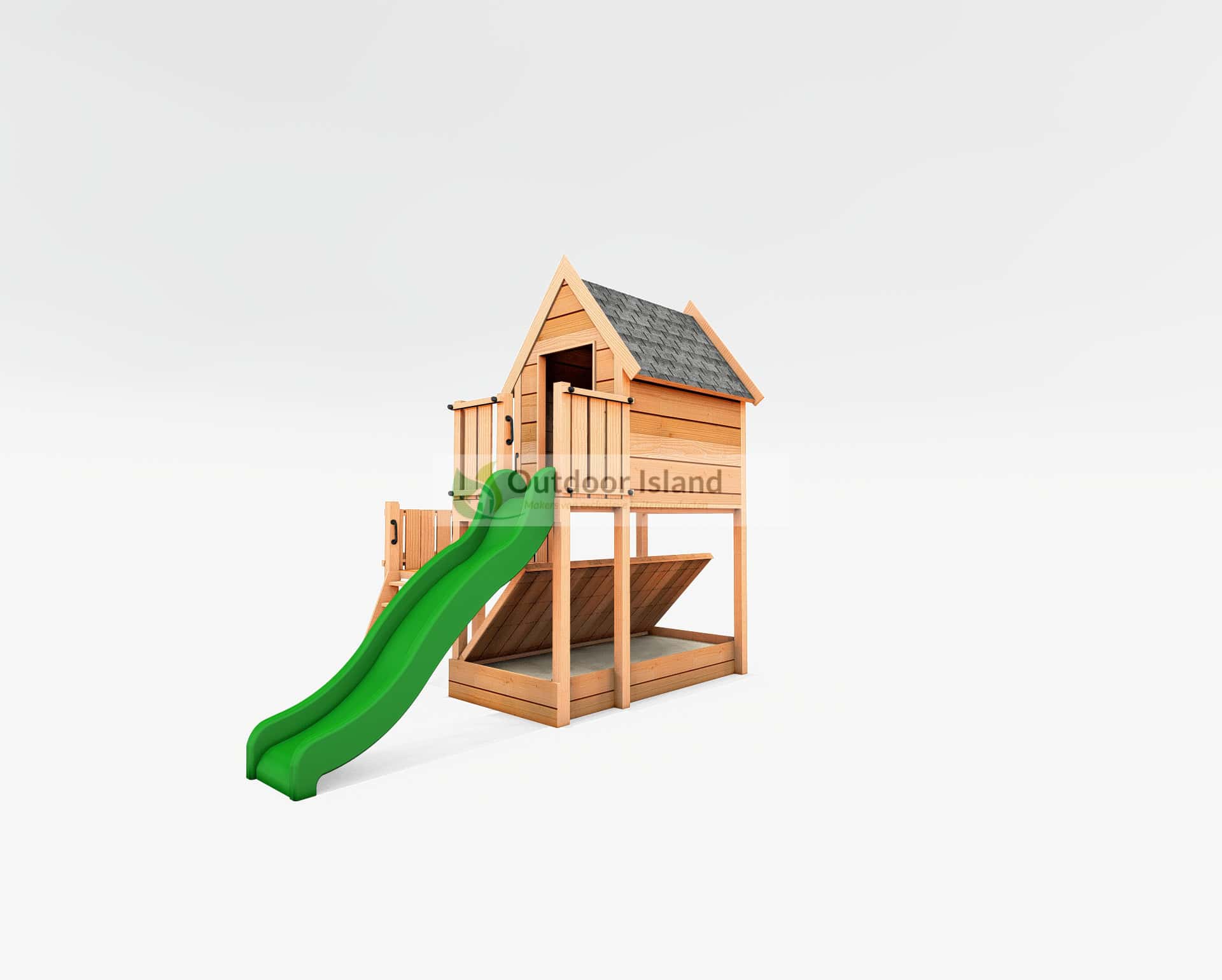 Landelijk speelhuisje van Douglashout met groene glijbaan - Duurzaam tuinspeelgoed - Outdoor Island