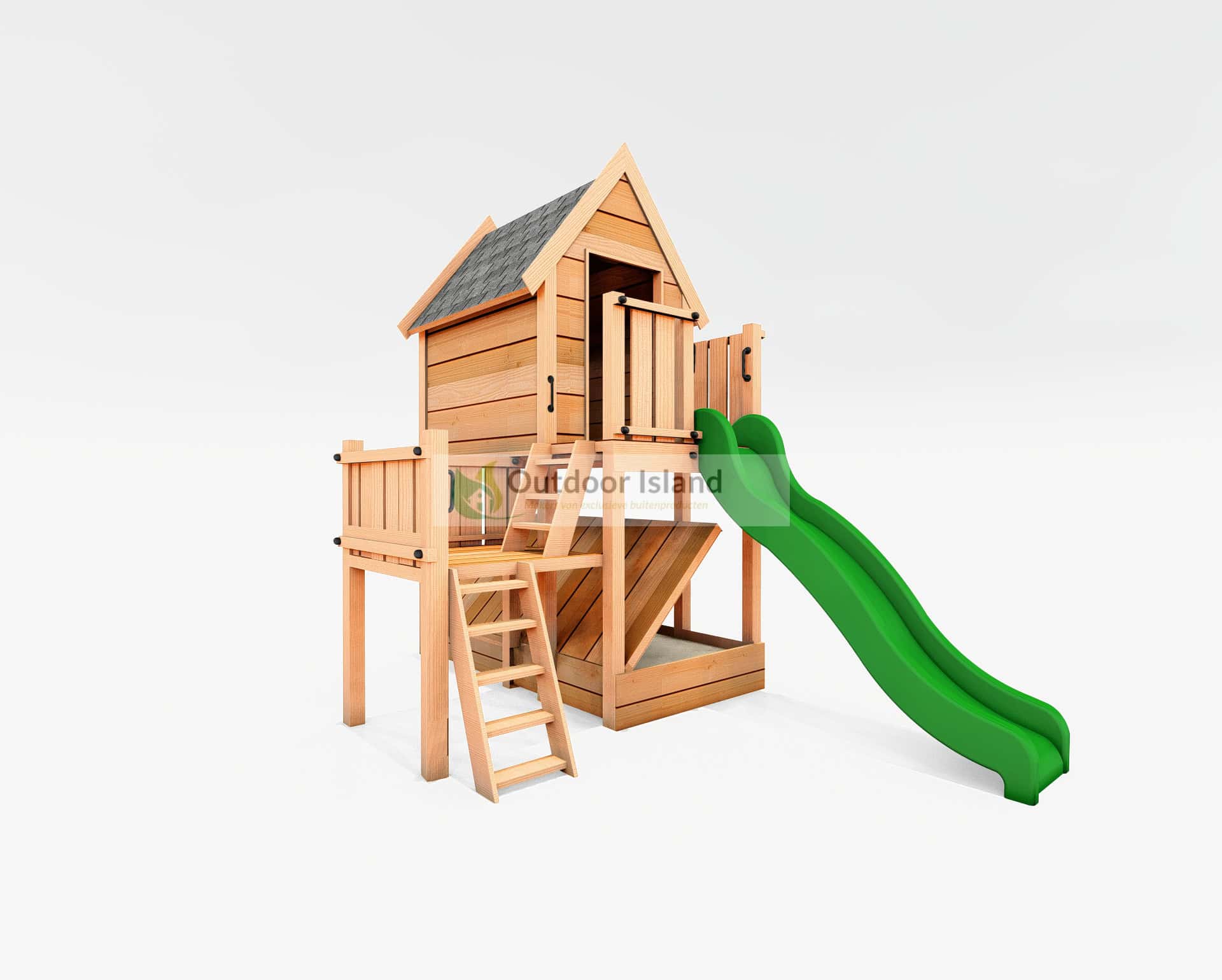 Speelhuisje met groene glijbaan van Douglashout - Natuurlijk landelijk speeltoestel - Outdoor Island