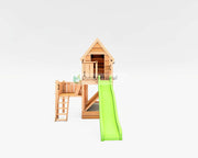 Landelijk speelhuisje van Douglashout met limoengroene glijbaan - Duurzaam buitenspeelgoed - Outdoor Island