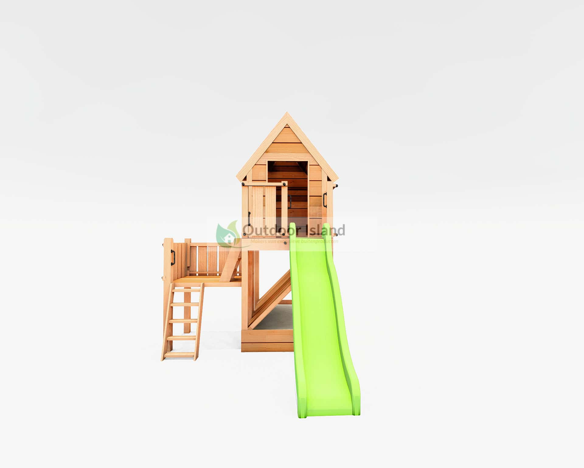Landelijk speelhuisje van Douglashout met limoengroene glijbaan - Duurzaam buitenspeelgoed - Outdoor Island