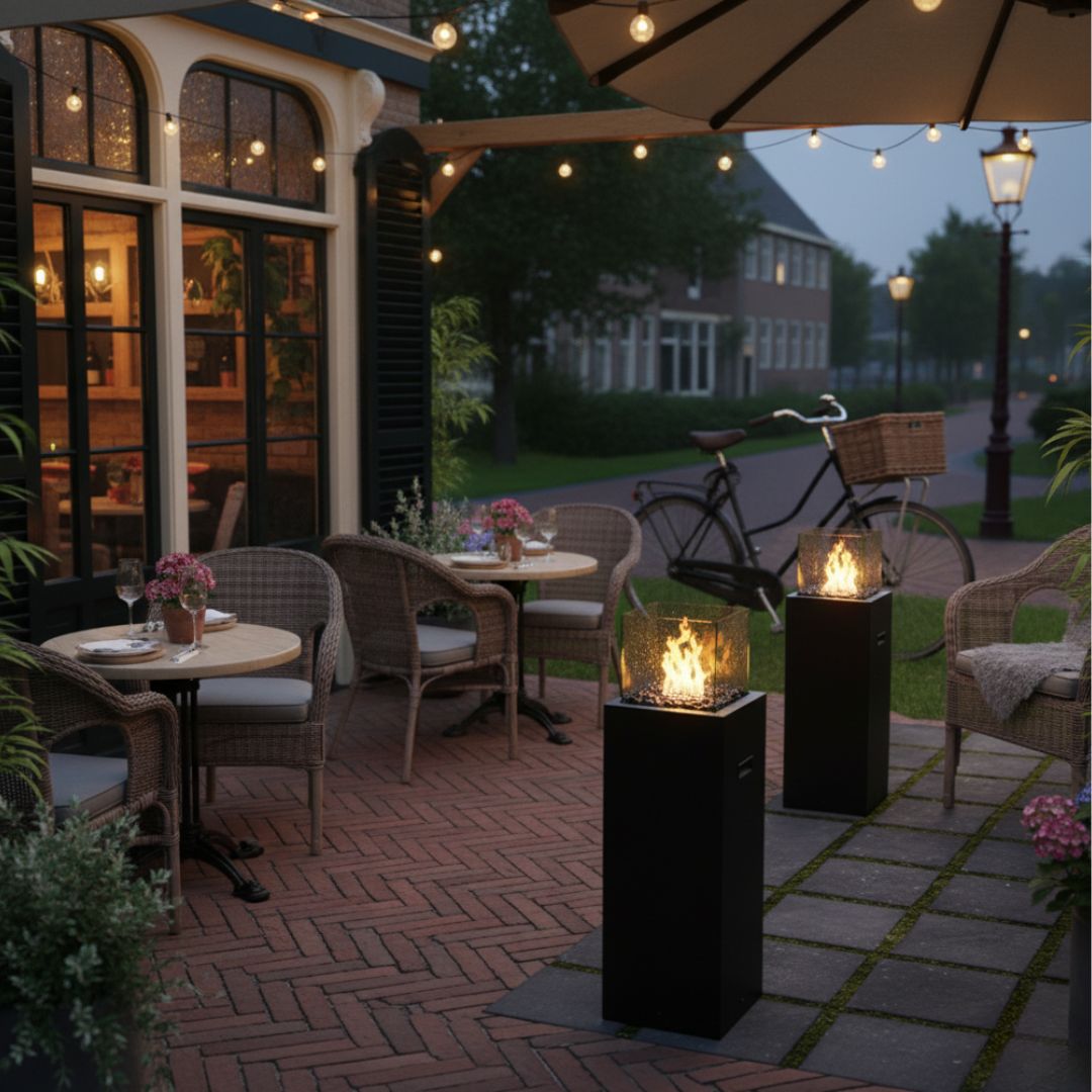 Vrijstaande Bio - ethanolhaard TOWER Zwart – Moderne Staande Sfeerhaard | Kratki - Chique Buiten Leven - Kratki Bioethanol haard voor buiten