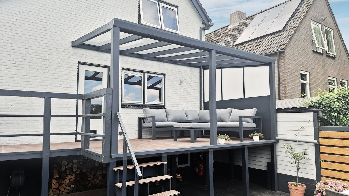 Aluminium veranda 500x350 in antracietgrijs (RAL 7016) met glasdak en zijwanden – YARD Outdoor