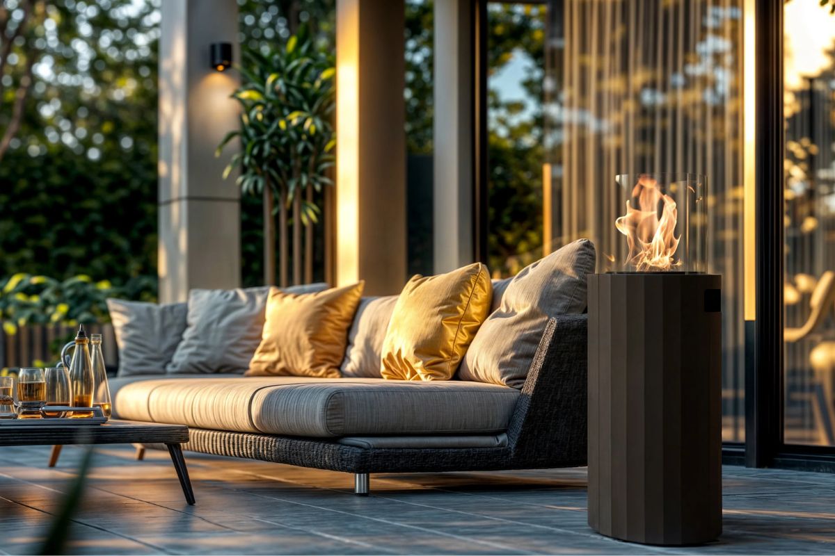 De zwarte Bino buitenhaard naast een stijlvolle loungeset op een modern terras.