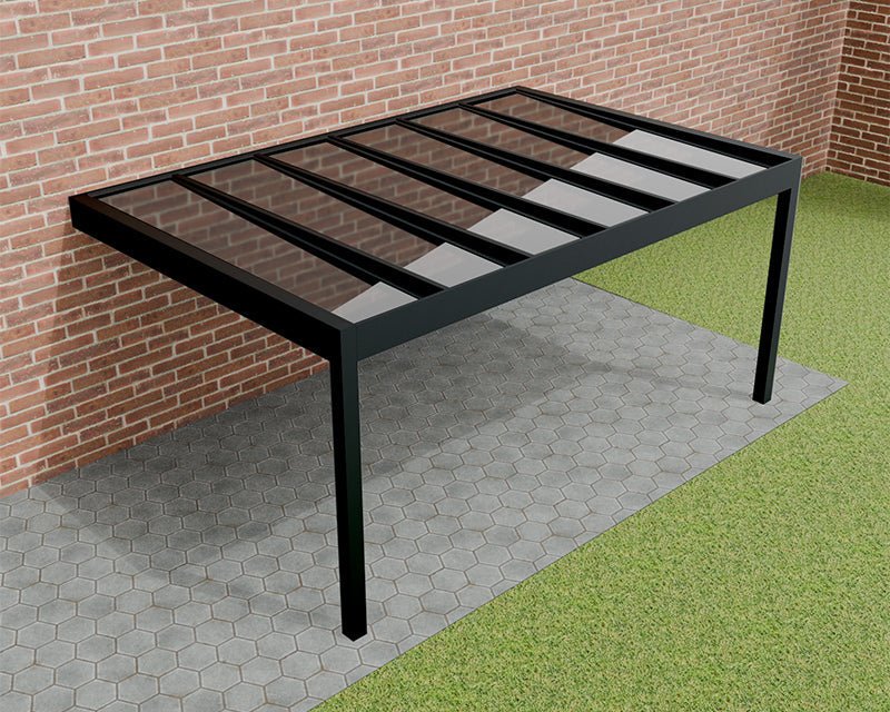 Stijlvolle aluminium veranda Pinela Glas 3x3 meter in zwart met groot glasoppervlak en verborgen regenwaterafvoer.