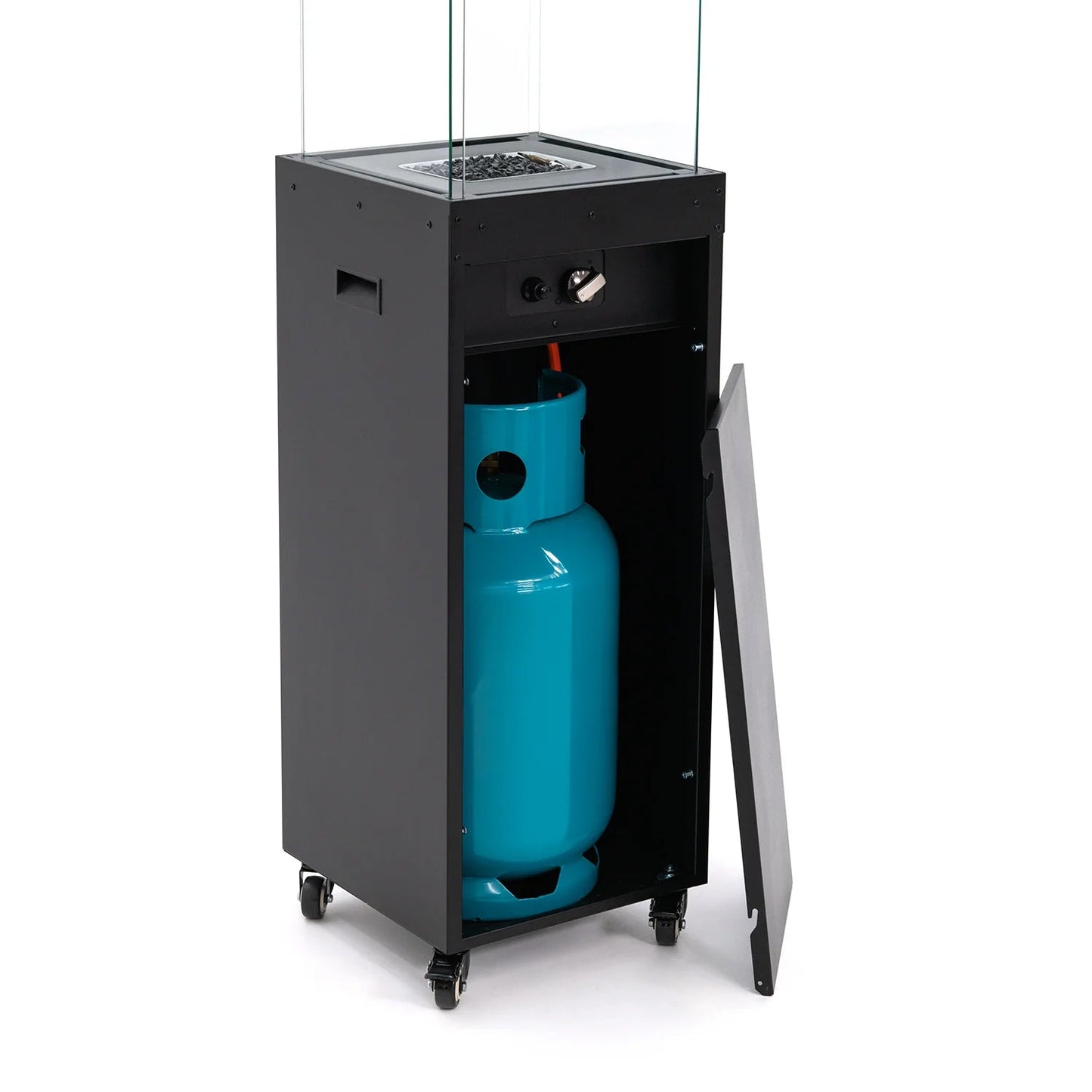 Close-up van de Faro buitenhaard op gas, gezien vanaf de achterkant, met het deksel gesloten om de gasfles discreet te verbergen. Het slanke, moderne ontwerp in gepoedercoat staal straalt elegantie uit, ideaal voor elke buitenruimte.