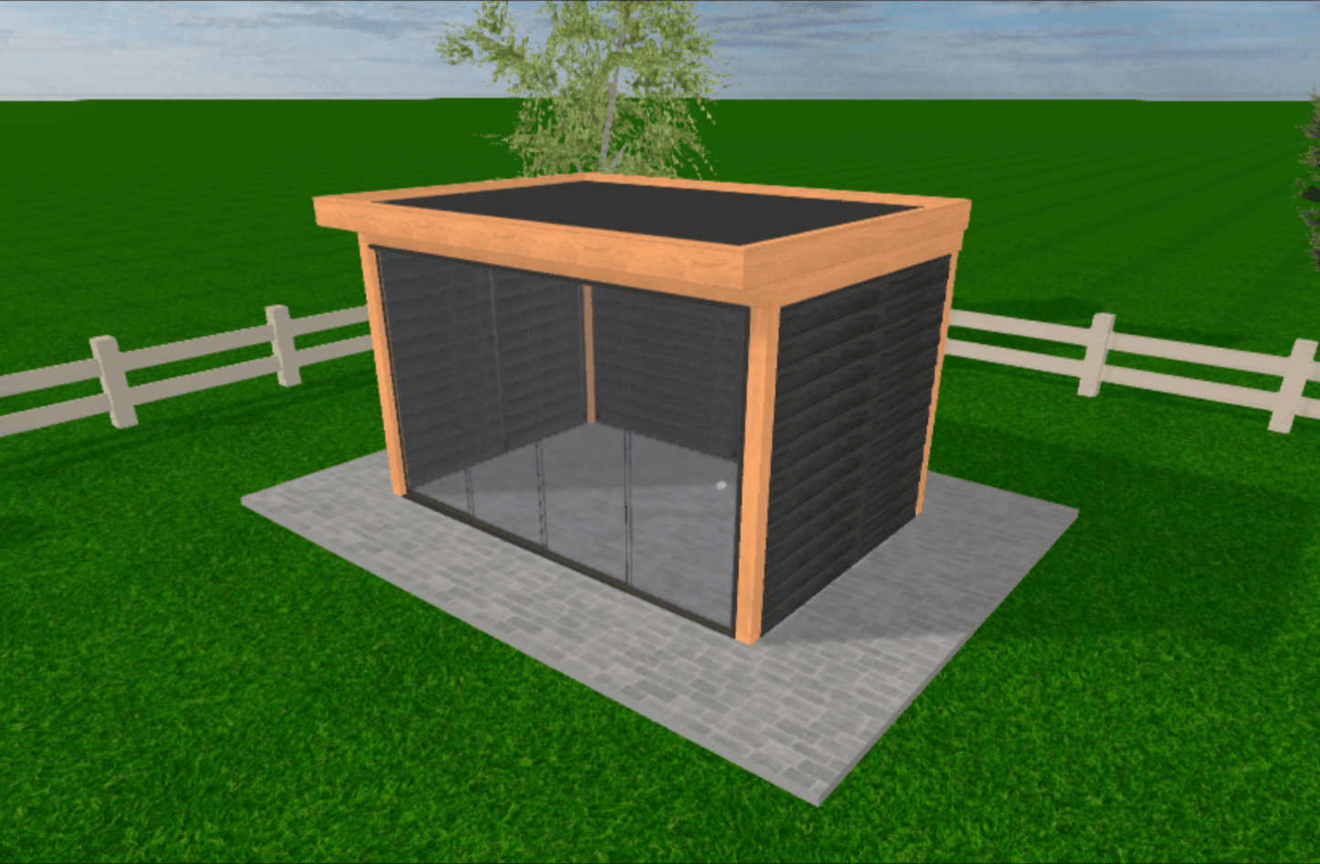 Douglas tuinkamer met glazen schuifwanden en plat dak 360 x 250 cm