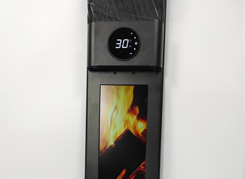 Detailopname van de G-Cera sfeerhaard met hoogwaardige afwerking en realistische vlammenweergave in 4K-display