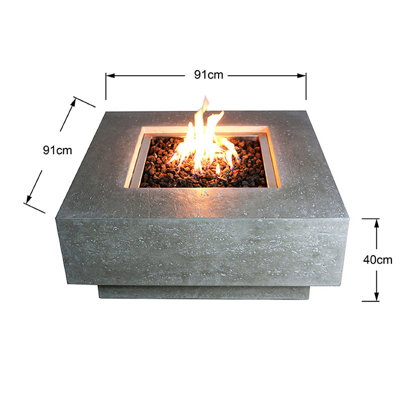 Abmessungen des Elementi Manhattan Light Grey Feuertischs: 91,4 × 91,4 × 40,6 cm