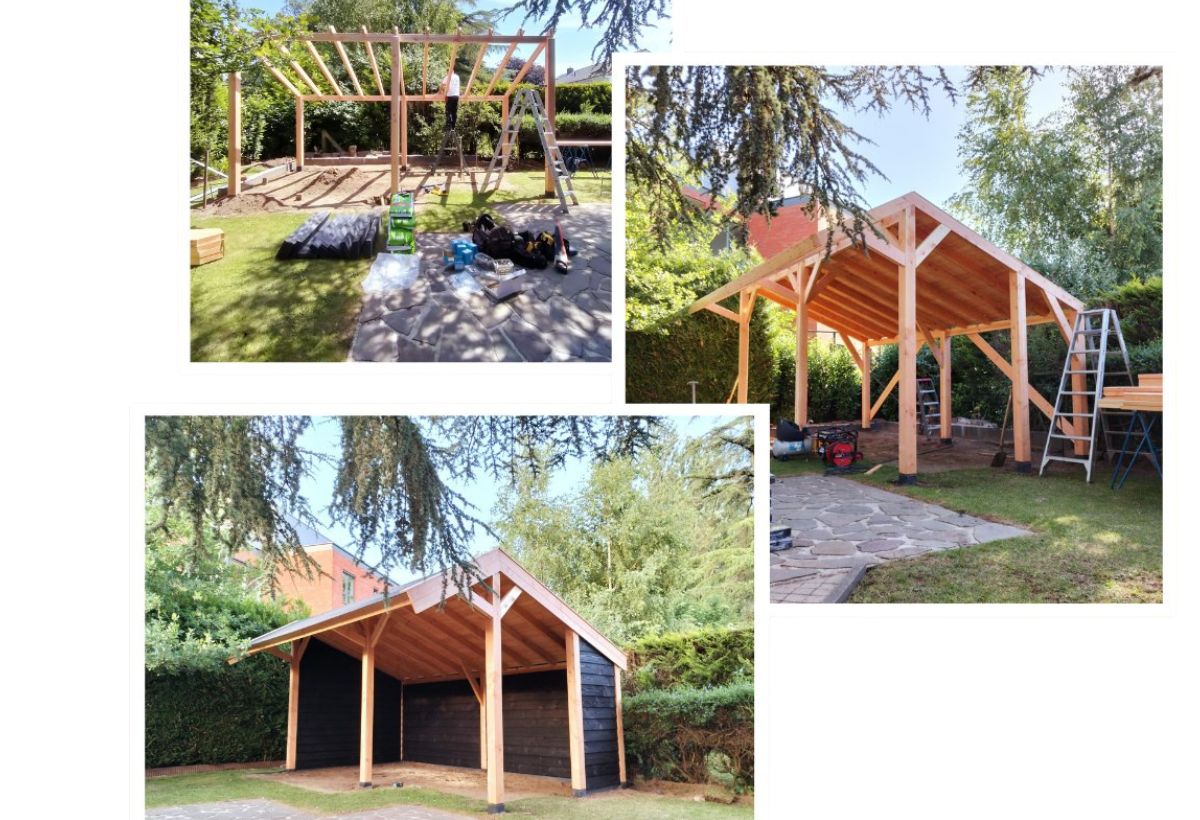 Luxe Douglas kapschuur op maat met geïntegreerde berging, zichtbaar geplaatst in een ruime tuin met zwarte houten wanden en keramisch pannendak