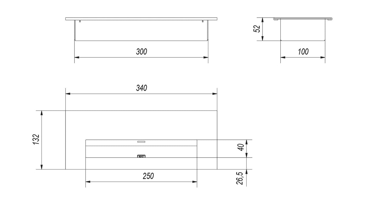 Technische tekening met maten van de Kratki AF/P/TUV brandercontainer