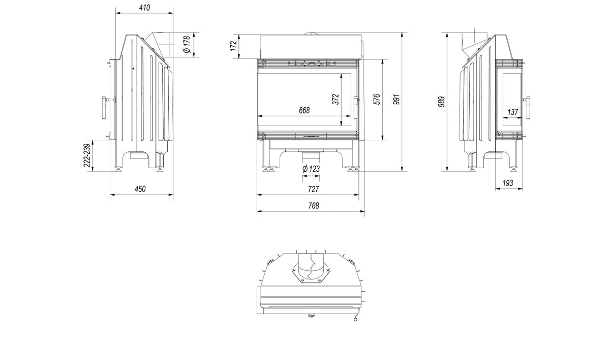 Kratki BLANKA 670/570 inbouwhaard hout 11 kW, hoekmodel links – technische tekening