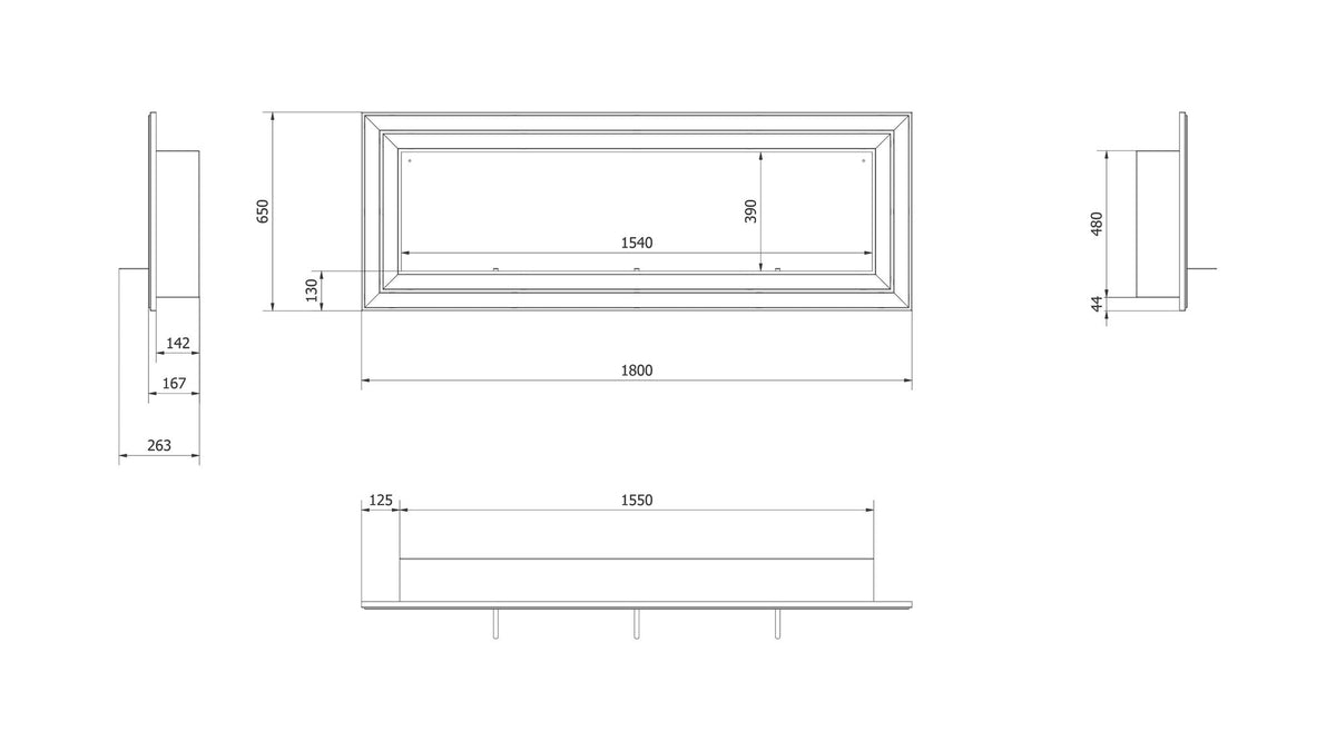 Technische tekening Kratki JULIET 1800 bio-ethanol wandhaard
