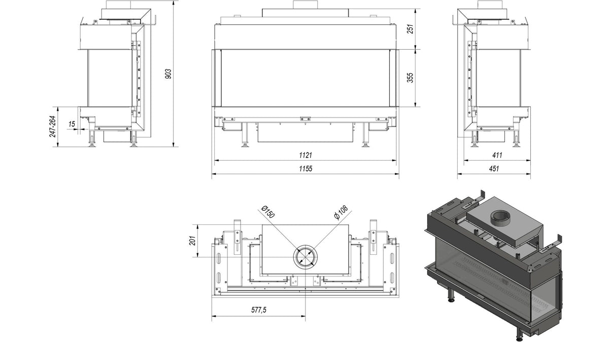 Technische tekening van de Kratki LEO LP 100 gas inbouwhaard