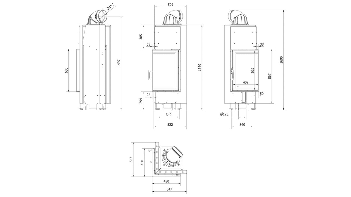 Kratki MBN 680 Eck-Kamineinsatz für Holz, 10 kW, Ecke rechts – technische Zeichnung