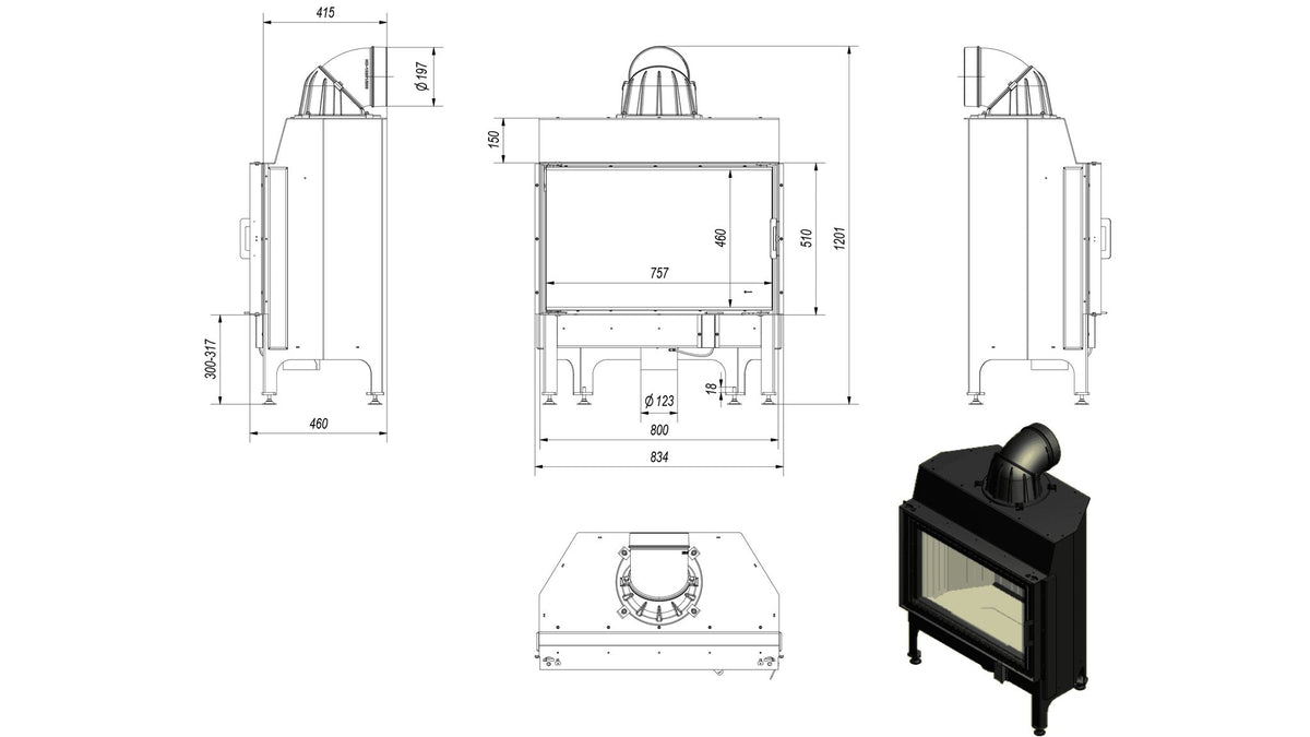 Kratki NADIA 12 inbouwhaard hout, draaideur met zwarte Thermotec – technische tekening met maten