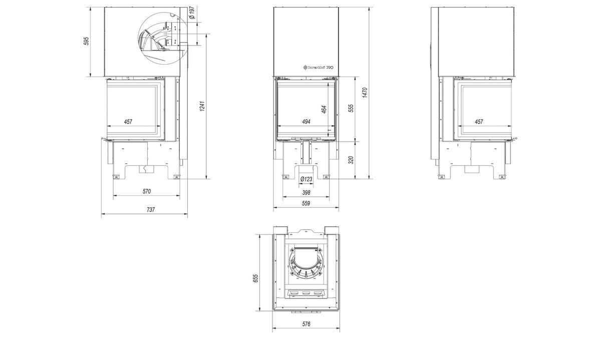 Technische tekening met afmetingen van de Kratki NBC 500/500