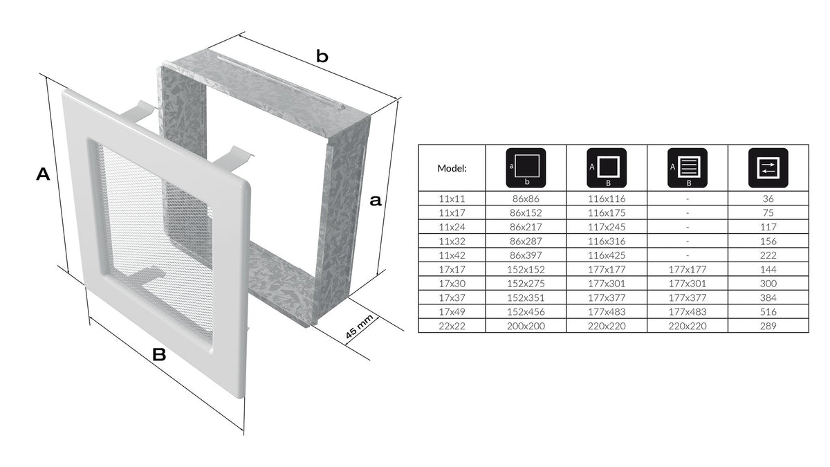Technische tekening van het Kratki OSKAR ventilatierooster grafiet ventilatierooster