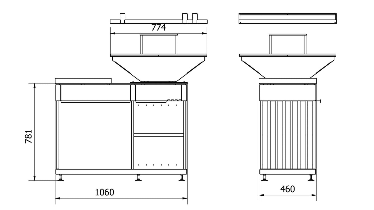 Technische tekening met afmetingen van de Kratki QUADRUM BBQ H/B