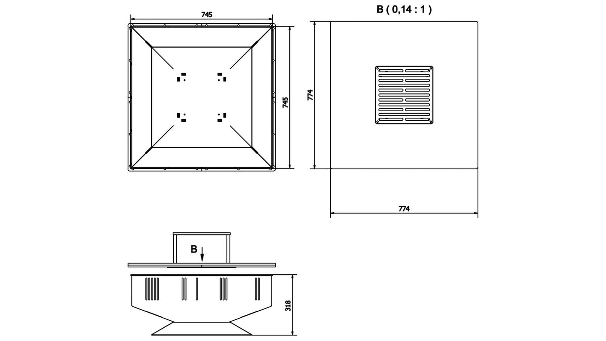 Technische tekening met afmetingen van de Kratki QUADRUM BBQ