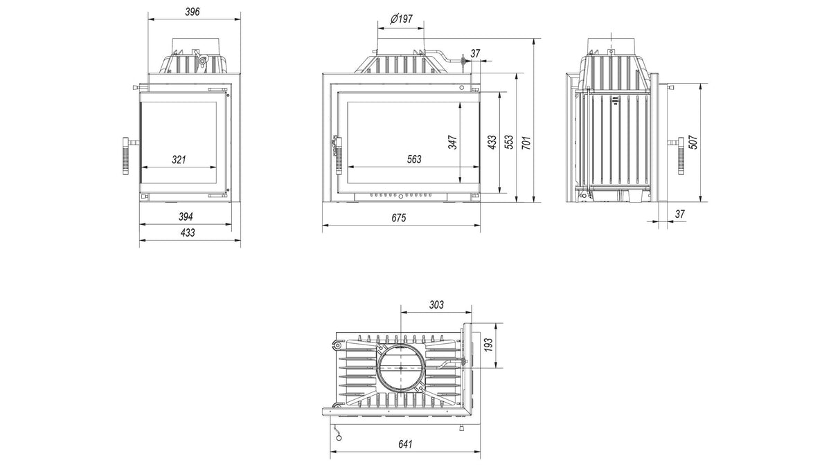 Kratki SIMPLE M gusseiserner Eck-Kamineinsatz für Holz, 8 kW, Eckmodell rechts – technische Zeichnung