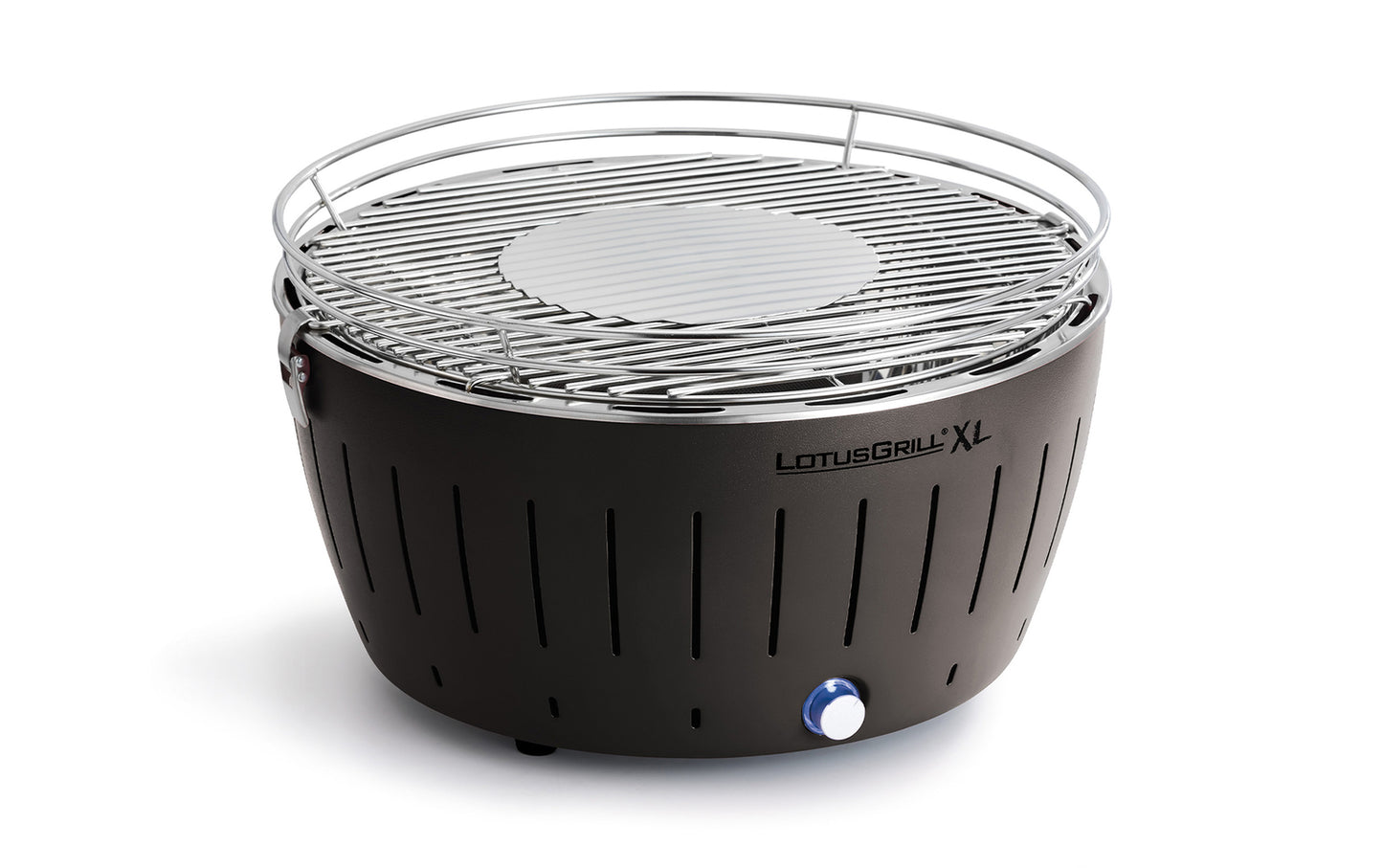 Bovenaanzicht van de LotusGrill XL rookvrije houtskool BBQ in antraciet grijs, met ruim grilloppervlak en centraal houtskoolreservoir.