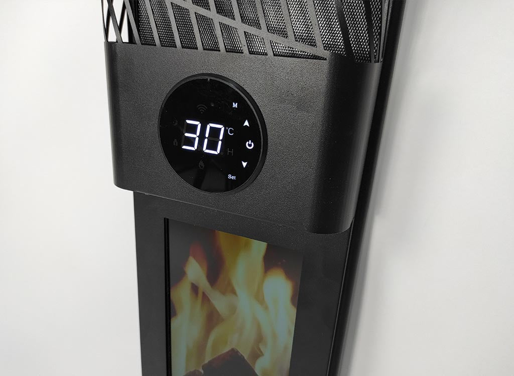 Close-up van het 4K-vlameffect op de G-Cera infrarood sfeerhaard – elektrische wandverwarmer met luxe uitstraling