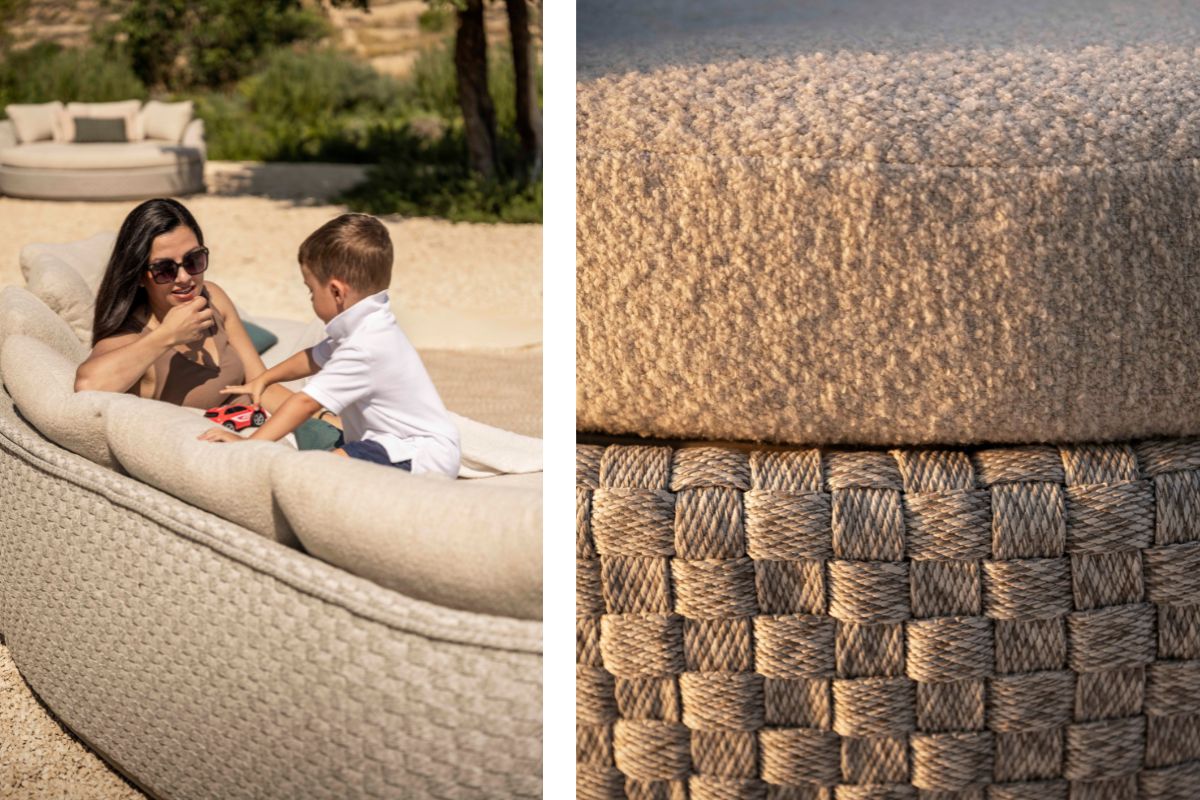 Close-up van de hoogwaardige stoffen van de organische modulaire bank Tondo van Jardinico.