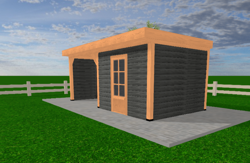 Zijaanzicht van de Douglas overkapping met schuur Sublime YARD Outdoor 600x300 – combinatie van open en afgesloten ruimte met duurzame Douglas houtconstructie.