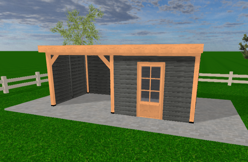 Douglas houten overkapping met schuur Sublime YARD Outdoor 600x300 – ruime en stijlvolle buitenruimte met robuust plat dak en zwarte rabatwanden.