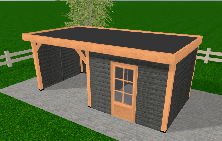 Luxe Douglas overkapping met schuur 600x300 – stevig ontwerp met EPDM-dakbedekking en gratis betonpoeren voor optimale stabiliteit.