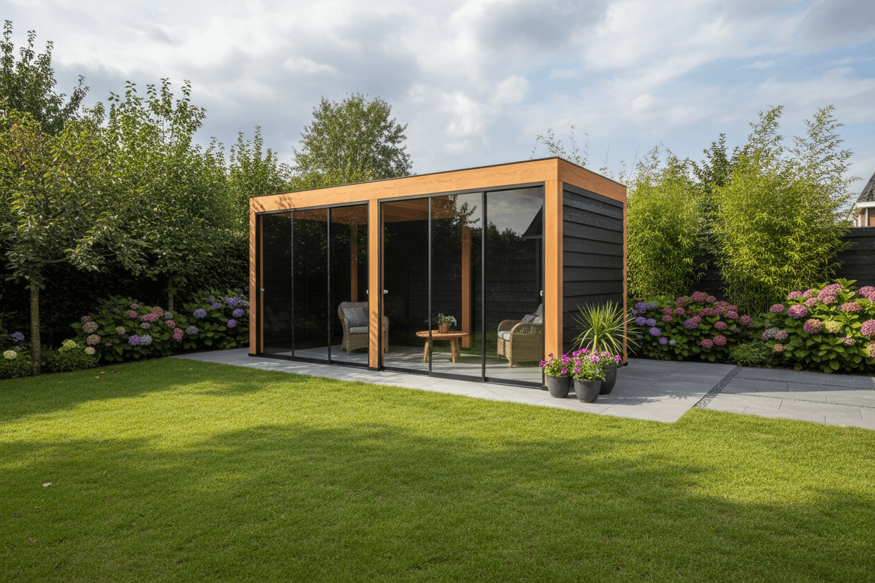 Zwarte rabat zijwand van Douglas tuinkamer Cubique Yard Outdoor