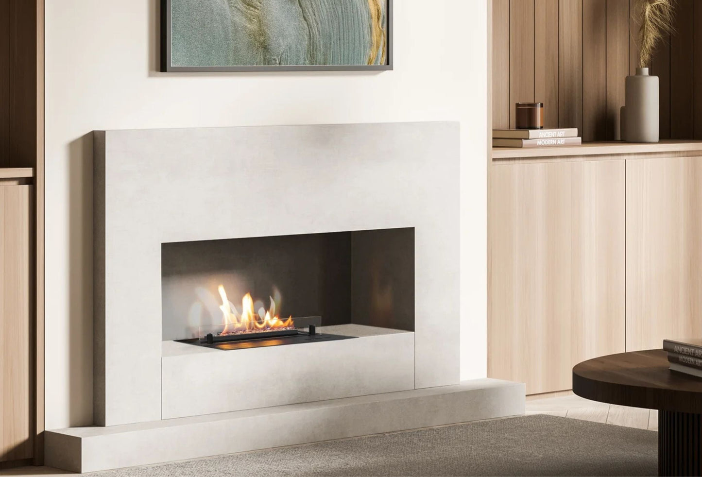 De Planika Senso Burner bio-ethanol brander, stijlvol geïnstalleerd in een moderne woonruimte, aangeboden door Chique Buitenleven.
