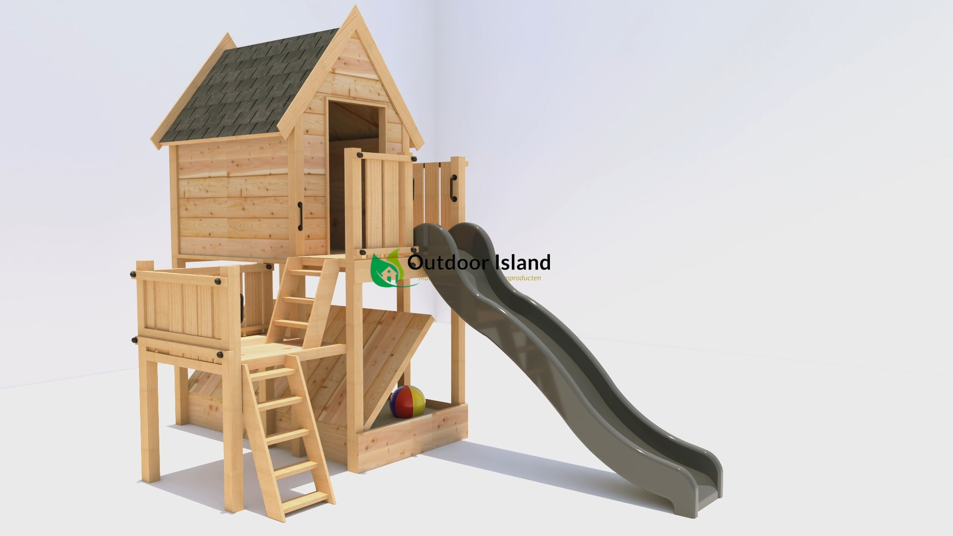 Speelhuisje met antraciet glijbaan van Douglashout - Stijlvol landelijk speeltoestel - Outdoor Island