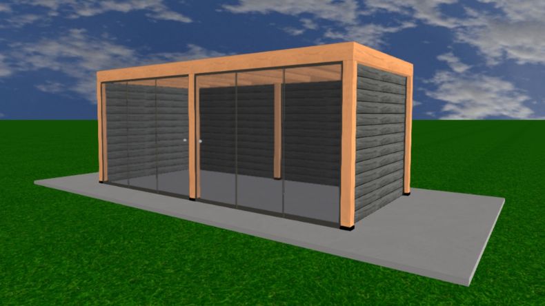 Ruime tuinoverkapping met glazen schuifwanden, ideaal als buitenverblijf of loungehoek, met natuurlijke lichtinval.