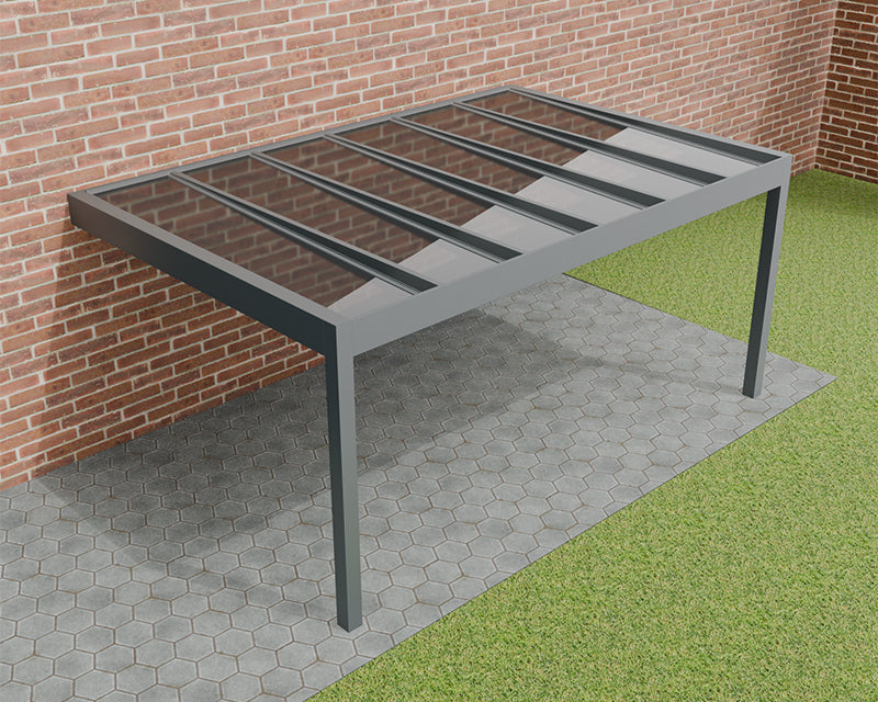 Moderne aluminium veranda Pinela Glas 3x3 meter in antracietkleur met veiligheidsglas en strak kubistisch design.