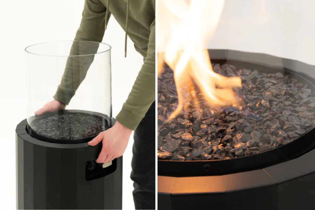 De Bino Buitenhaard in een moderne tuinsetting, met zijn stijlvolle ontwerp, verborgen gascilinder en gebruiksvriendelijke warmtecontrole. Perfect voor sfeer en comfort in elke buitenruimte.