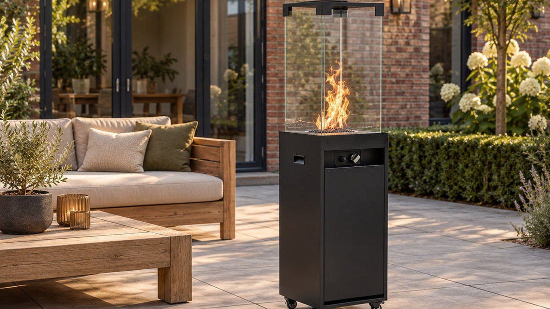 Planika Faro buitenhaard op gas op een terras naast een loungebank
