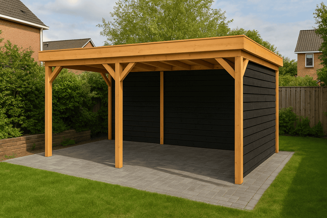 Houten overkapping bouwpakket van duurzaam Douglas hout - perfect voor doe-het-zelf projecten in de tuin.