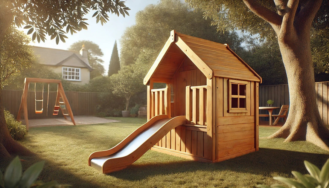 Speelhuisje met glijbaan van duurzaam douglashout, ideaal voor kinderen in een sfeervolle Nederlandse tuin.