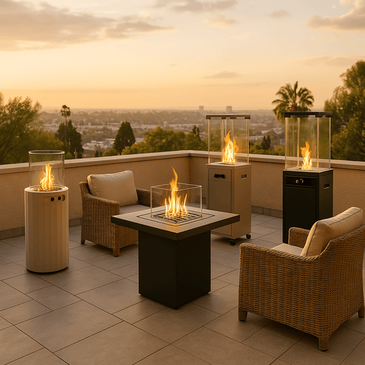 Meerdere moderne terrasverwarmers op gas en tuinhaarden opgesteld in een sfeervolle buitenruimte – dé oplossing voor comfortabel en stijlvol buitenleven in elk seizoen in 2025.